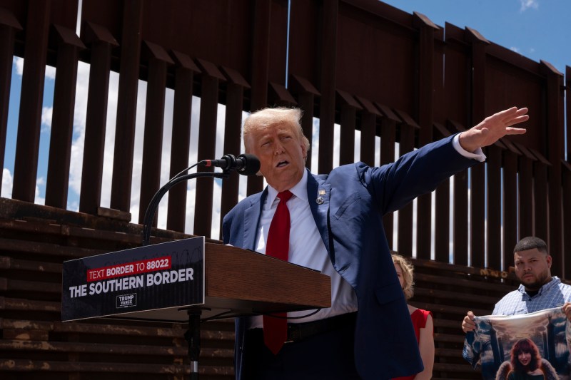 U.S. presidential candidate and former President Donald Trump speaks at the U.S.-Mexico border south of Sierra Vista, Arizona, on Aug. 22.