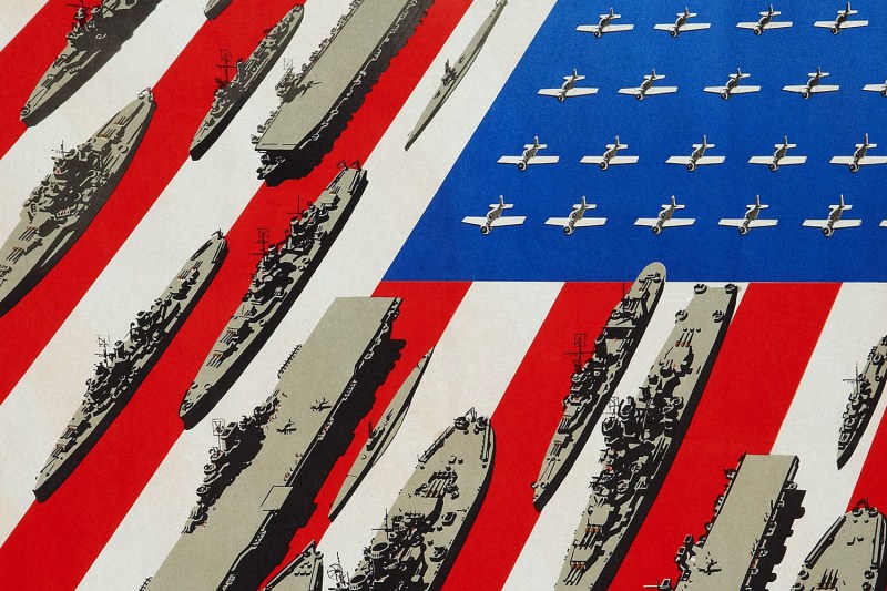 Illustrated planes and ships are seen on the blue field and red and white stripes of the U.S. flag.