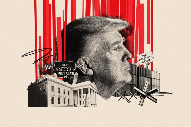 A photo collage illustration shows Donald Trump in profile against red striped background on a beige field. At left is the White House. At right, shipping containers, barricades used in war, and a cloud from a bomb attack in Gaza.