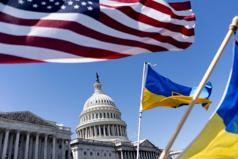 U.S. and Ukrainian flags fly near the U.S. Capitol in Washington on April 20.