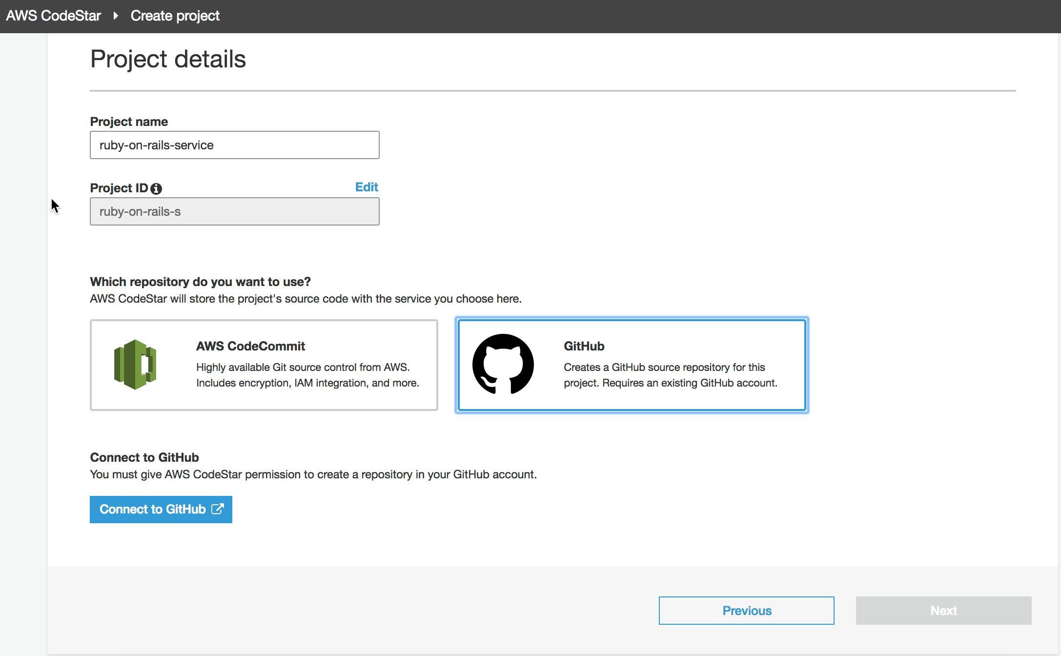 GitHub in AWS interface