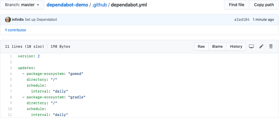 Screenshot of Dependabot YAML file