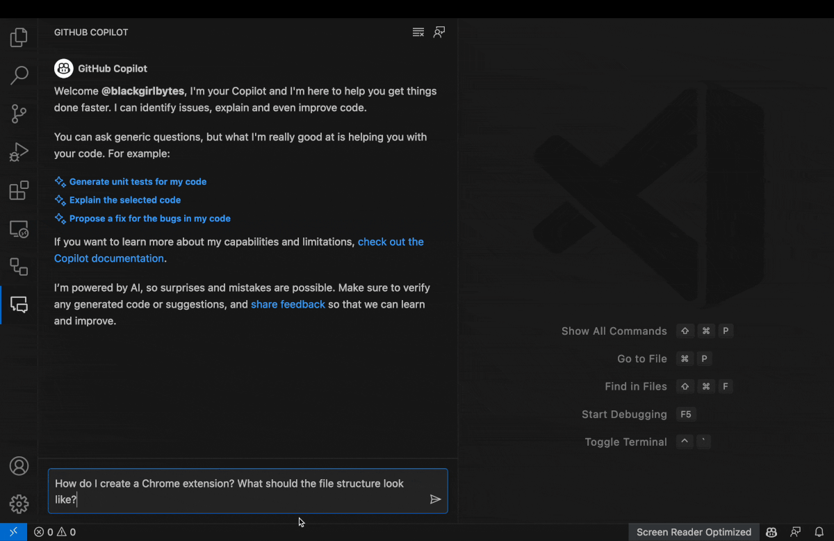 Gif of user blackgirlbytes asking GitHub Copilot Chat for assistance with building a Chrome extension.