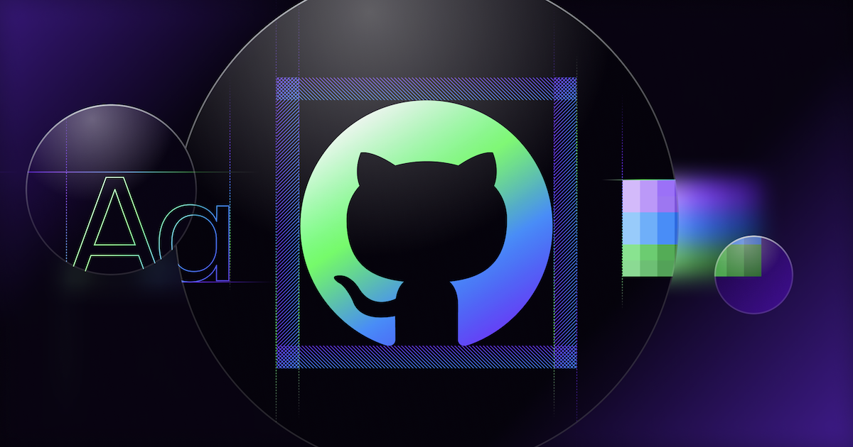 Graphic image showing GitHub logo centered within a box to represent padding, to the right is a subsection of a color chart to represent color systems and color contrast, to the left is the letter A in uppercase and lower case to represent typography. Parts of the image are blurred and in focus with a color gradient is used in the background and through the logo in purple, with hints of blue and green.