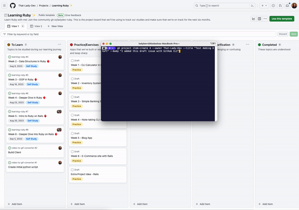 Animation of how to use commands in the CLI to work with GitHub Projects.