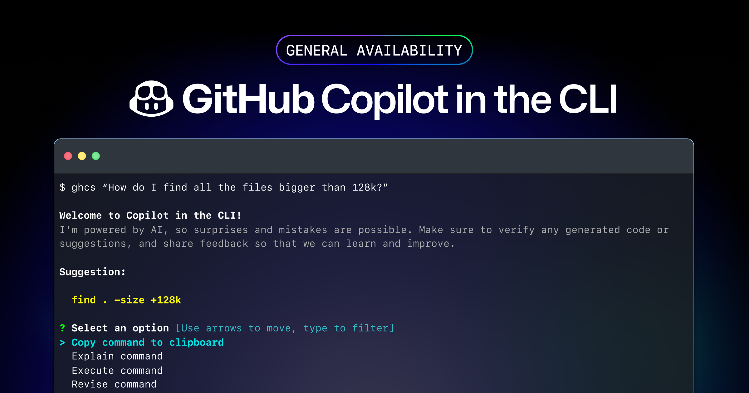 GitHub Copilot in the CLI banner demonstrating "ghcs" alias for supporting command execution