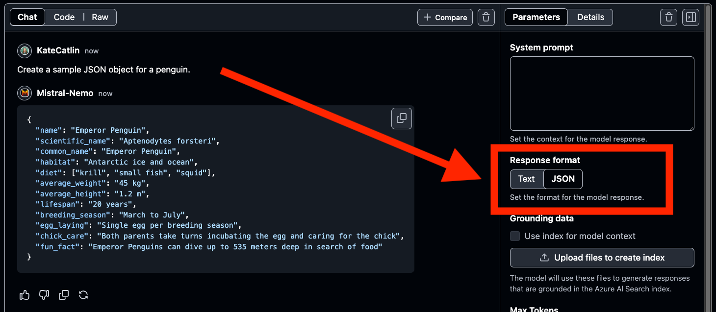 JSON Response in GitHub Models Playground