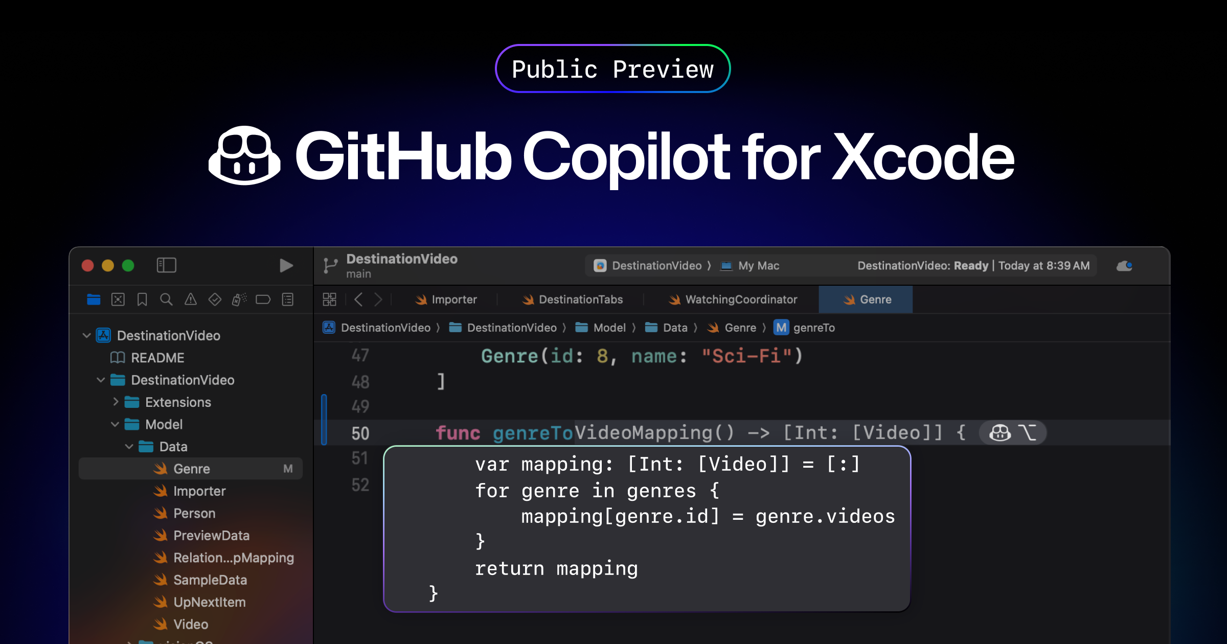 GitHub Copilot code completion in Xcode