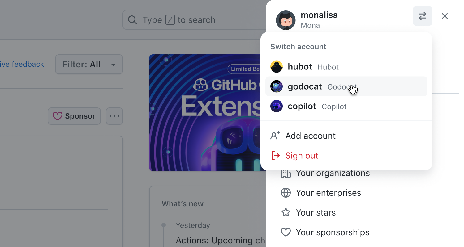 Screenshot showing the new account switcher in the right side panel of the global navigation