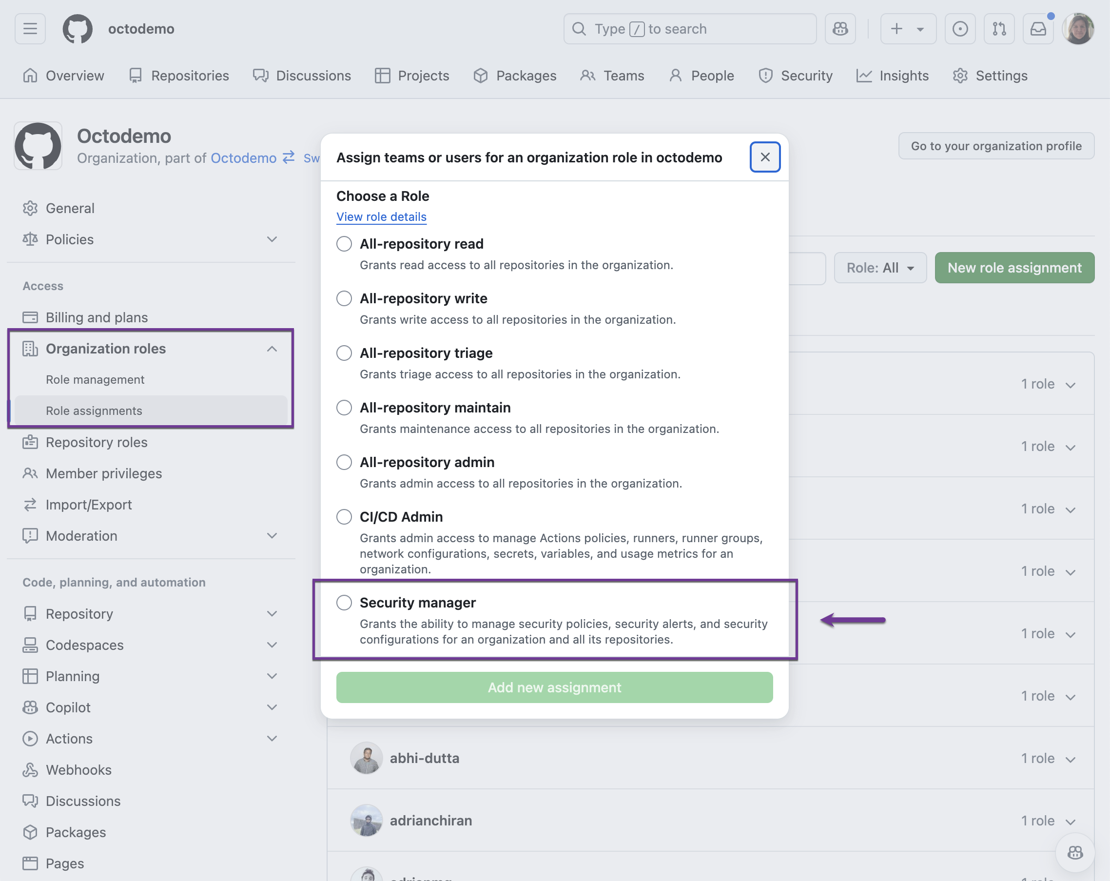 Security manager assignment modal on the Organization roles - Role assignments page