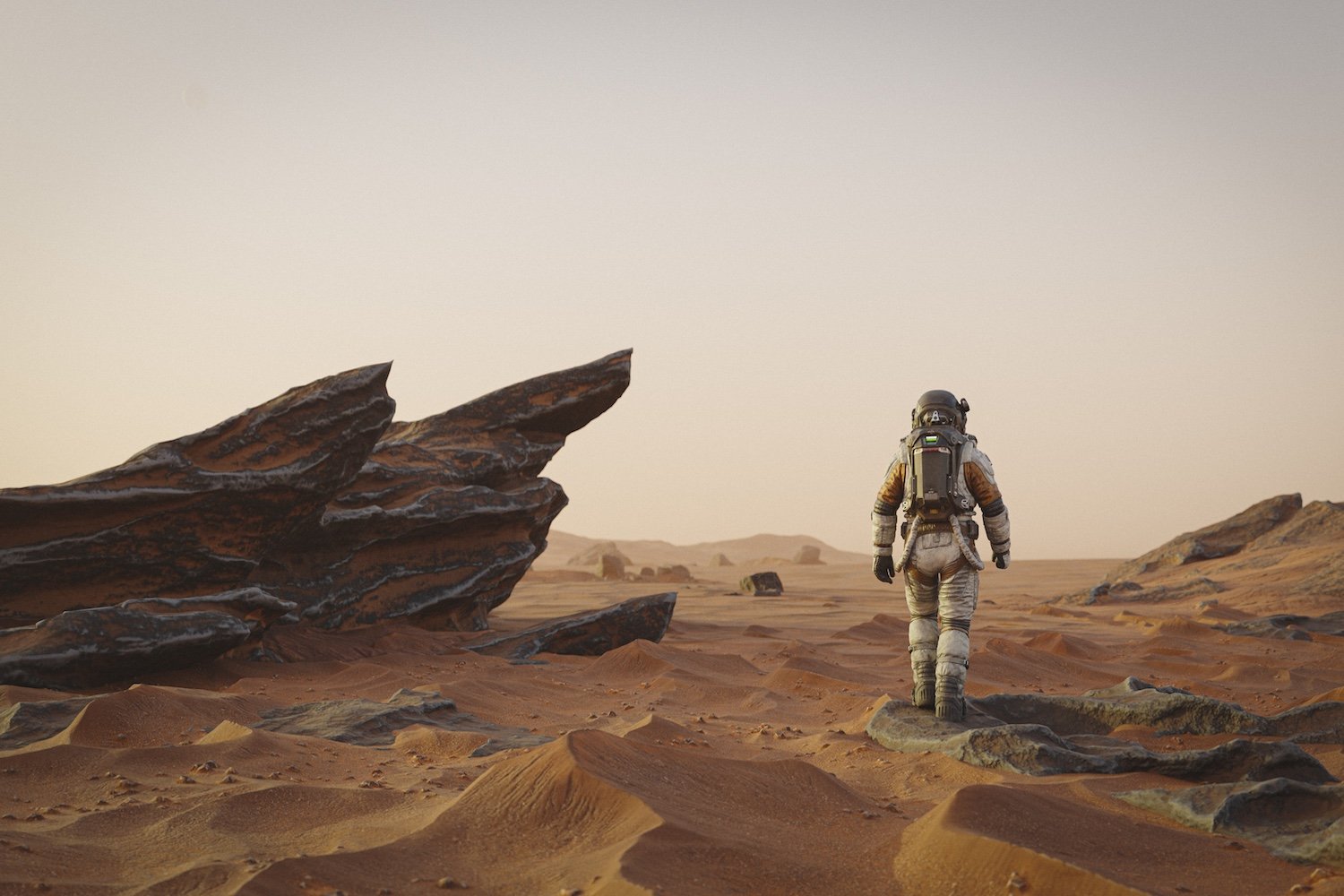 An illustration of an astronaut exploring the Martian terrain.