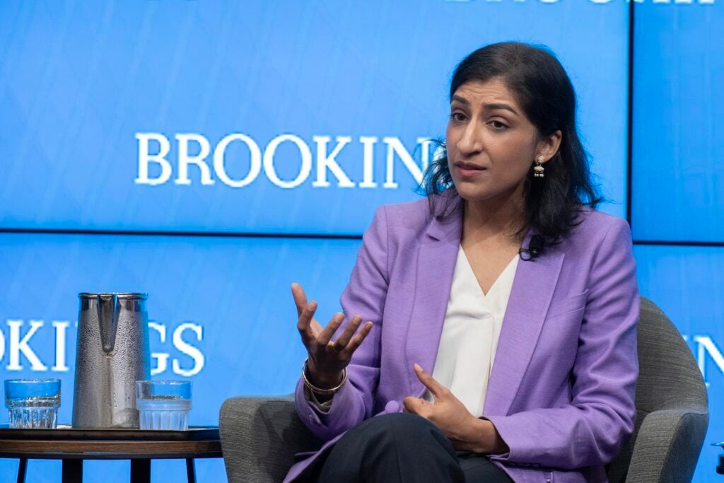 Federal Trade Commission Chair Lina Khan speaks during a discussion on antitrust reforms at the Brookings Institution October 4, 2023 in Washington, DC.