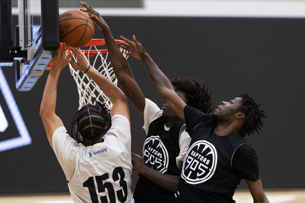 Players compete at the Raptors 905 open tryout, in Toronto, Saturday, Sept. 21, 2024.