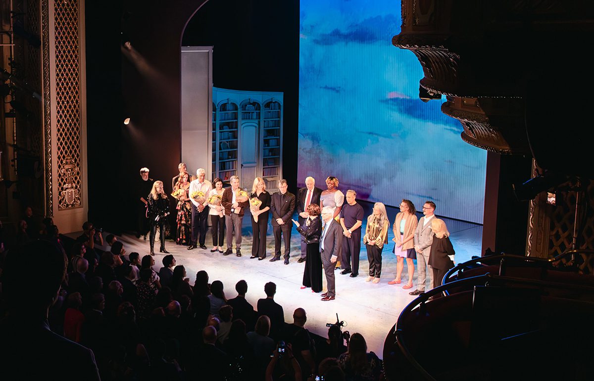 Delia Ephron, her husband, and the cast take a bow at the opening night curtain call of Left on Tenth