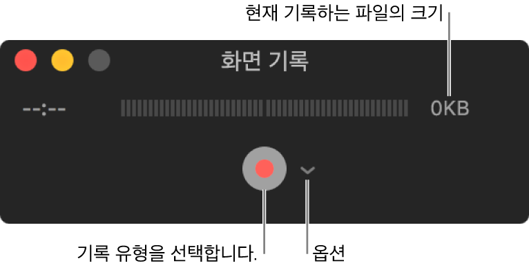 옆에 있는 옵션 팝업 메뉴 하단에 기록 버튼이 표시되어 있는 화면 기록 윈도우.