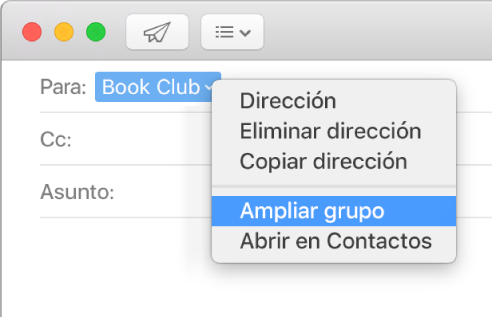 Un correo mostrando un grupo en el campo Para y el menú desplegable mostrando el comando "Ampliar grupo".