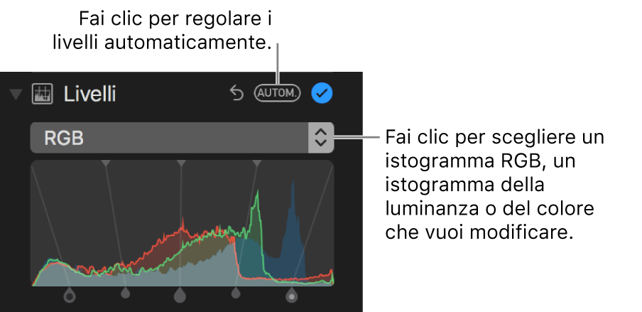 Controlli dei livelli con Automatico nella parte superiore destra.