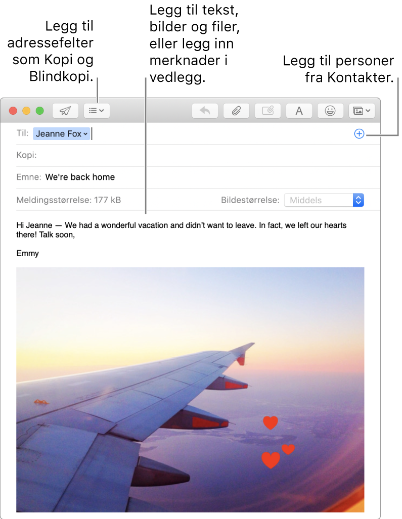 Et nytt meldingsvindu med Meldingshodefelt-knappen, Legg til-knappen i et adressefelt for å legge til personer fra Kontakter, og med et merket bilde i meldingsinnholdet.