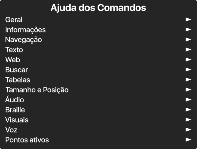 O menu Ajuda dos Comandos é um painel que lista categorias de comando, começando com Geral e finalizando com Pontos ativos. Há uma seta à direita de cada item na lista para acessar o submenu correspondente ao item.