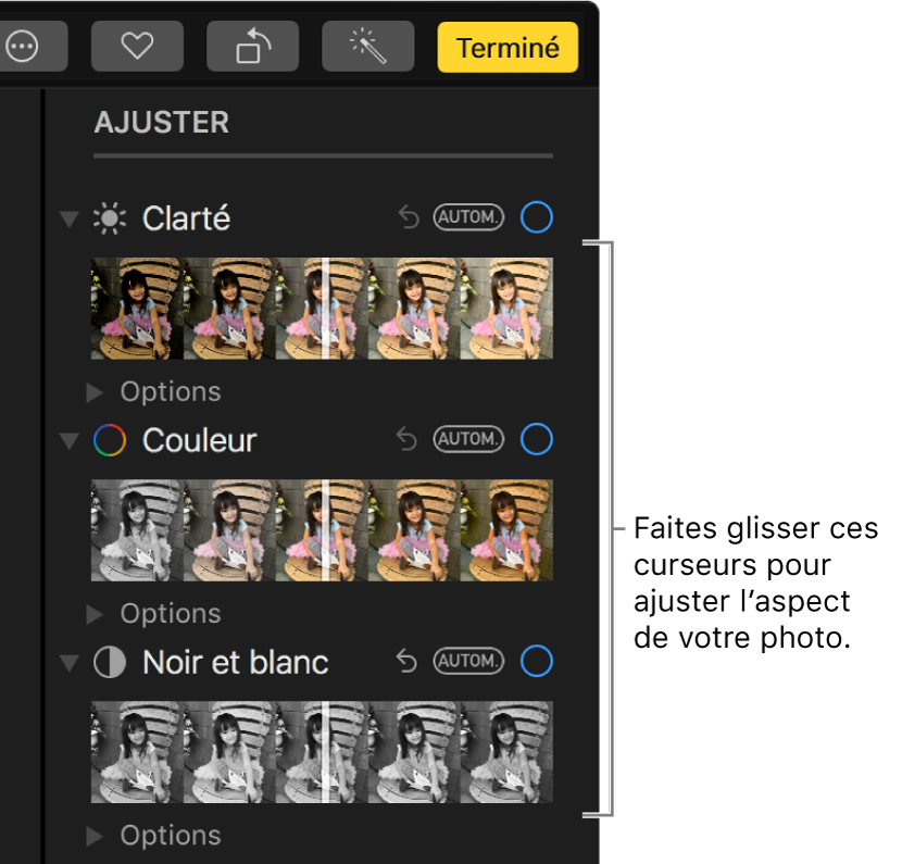 Les curseurs Clarté, Couleur et Noir et blanc dans la sous-fenêtre Ajuster. Un bouton Autom. s’affiche au-dessus de chaque curseur.