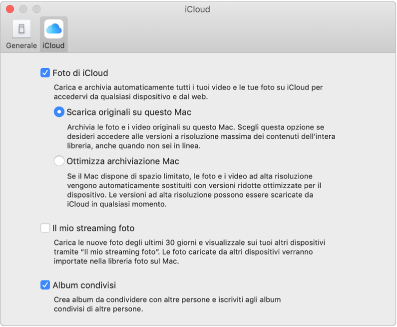 Il pannello iCloud delle preferenze di Foto.