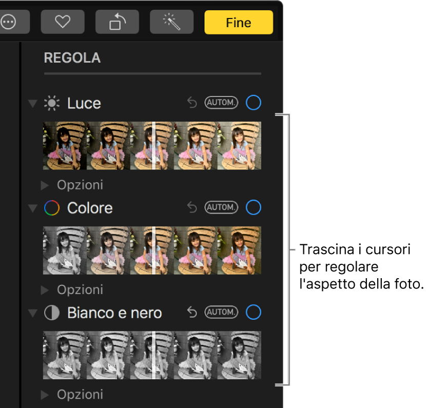 I cursori Luce, Colore e “Bianco e nero” nel pannello Regola. Un pulsante Automatico viene visualizzato su ciascun cursore.