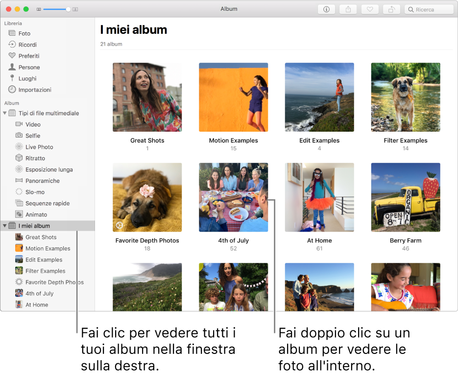 La finestra Foto con la cartella “I miei album” selezionata sulla barra laterale e gli album creati da te nella finestra a destra.