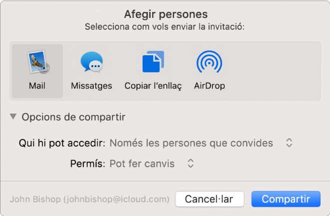 La finestra “Afegir persones”, amb apps que pots utilitzar per fer invitacions i opcions per compartir documents.