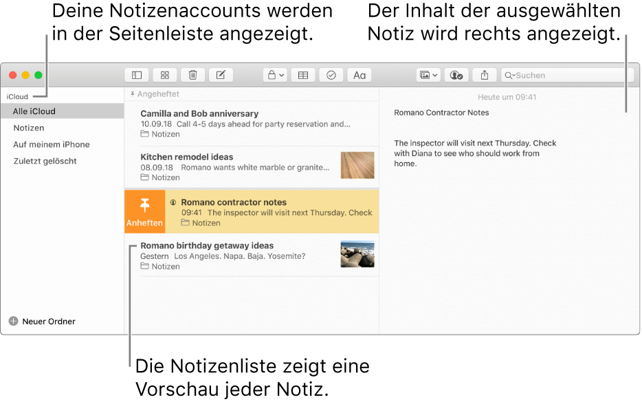 Das Notizen-Fenster, in dem in der Seitenleiste links eine Liste all deiner konfigurierten Accounts, in der Mitte wird eine Vorschau jeder Notiz und rechts der Inhalt der gewählten Notiz zu sehen ist.