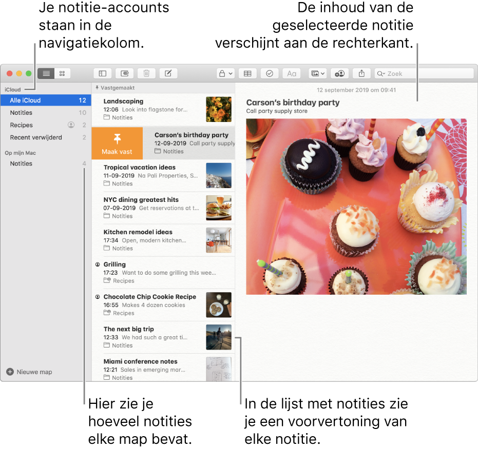 Het Notities-venster met al je geconfigureerde accounts en mappen in de navigatiekolom aan de linkerkant, de lijst met notities in het midden met een voorvertoning van elke notitie en de inhoud van de geselecteerde notitie aan de rechterkant. Het aantal notities wordt naast elke map weergegeven.