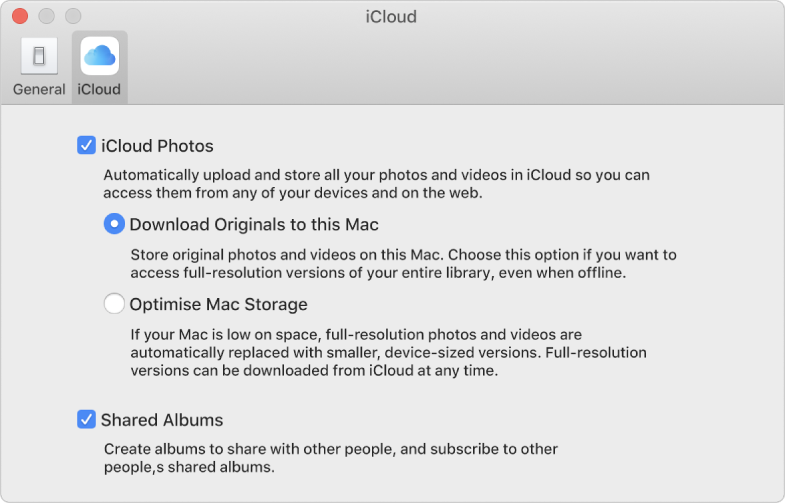 The iCloud pane of Photos preferences.