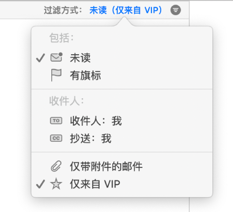 过滤条件弹出式菜单显示 6 个可能的过滤条件：未读、有旗标、收件人：我、抄送：我、仅带附件的邮件和仅来自 VIP。
