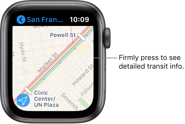 The Maps app showing transit details, including routes and stop names.