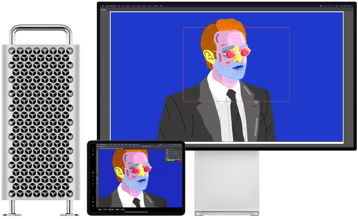 Yan yana bir Mac Pro ve bir iPad. Mac Pro, Illustrator’ın dolaşma penceresinde resim gösteriyor. iPad, aynı resmi Illustrator’ın belge penceresinde etrafında araç çubuklarıyla gösteriyor.