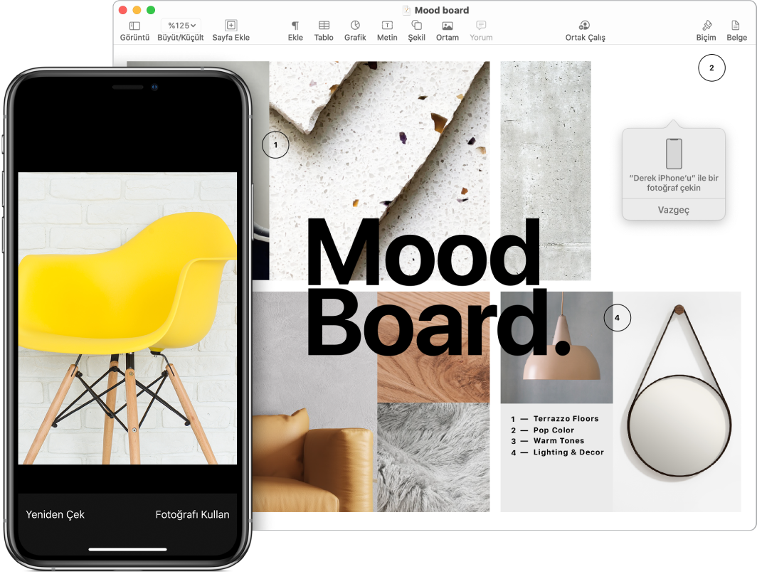 iPhone bir fotoğraf, Mac ekranı ise fotoğraf görüntüsünün nereye gideceğini soran bir bilgi istemi kutusuyla bir Pages belgesi gösteriyor.