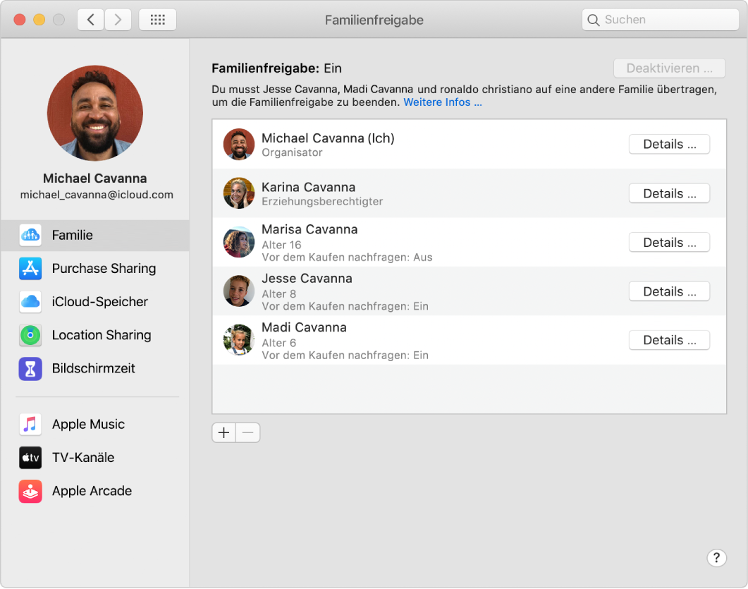 Die Systemeinstellung „Familienfreigabe“ mit verschiedenen Accountoptionen in der Seitenleiste; rechts befinden sich Familienmitglieder und ihre Details.