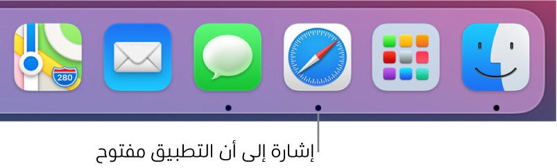 جزء من Dock يعرض نقاطًا سوداء أسفل التطبيقات المفتوحة.