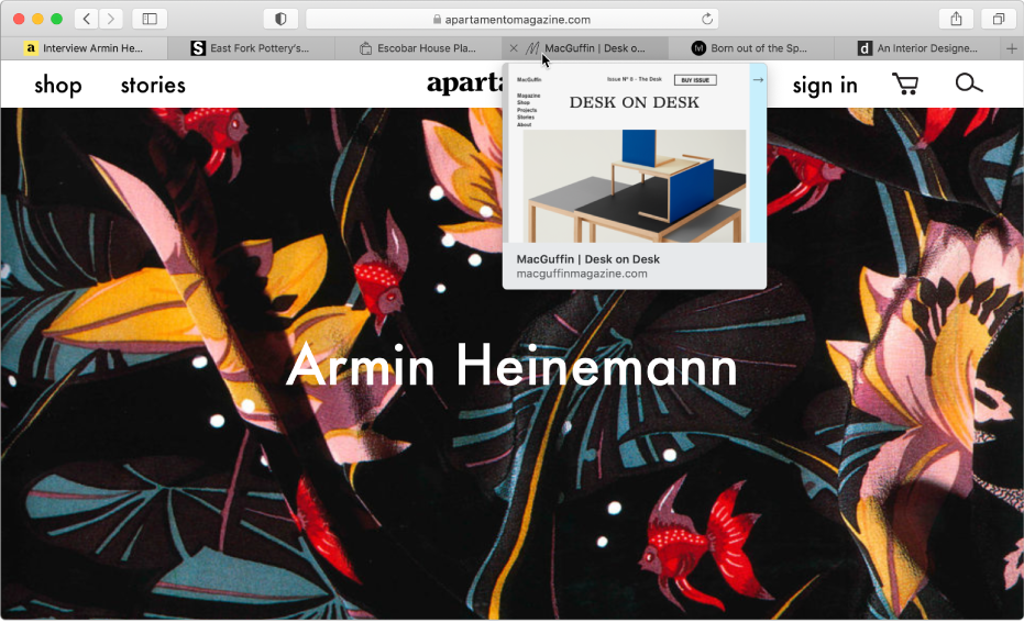 The Safari window with several tabs open, with the pointer over a tab showing a preview of the web page.