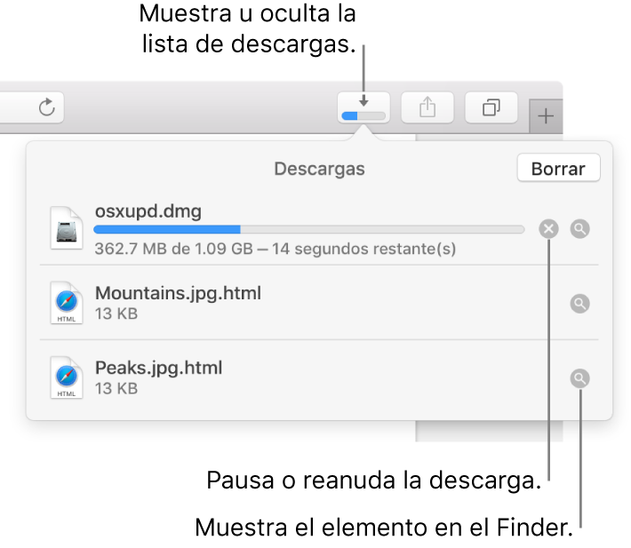 El botón Descargas en la barra de herramientas, con la lista de descargas abajo.