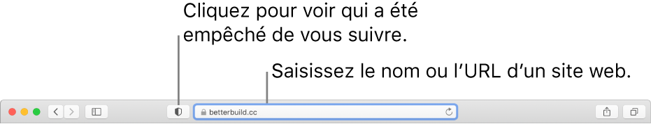 La barre d’outils de Safari affichant le bouton « Rapport de confidentialité » ainsi qu’un site web dans le champ de recherche intelligente.