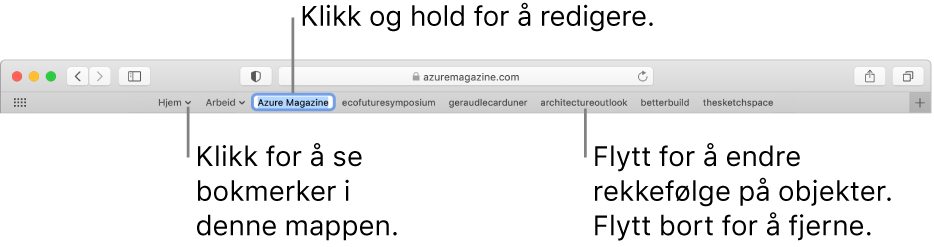 Favorittlinjen med flere bokmerker og en bokmerkemappe. Klikk og hold på et bokmerke eller en mappe i linjen for å redigere. Hvis du vil endre rekkefølgen på elementer i linjen, drar du dem rundt. Hvis du vil fjerne et element, drar du det bort fra linjen.