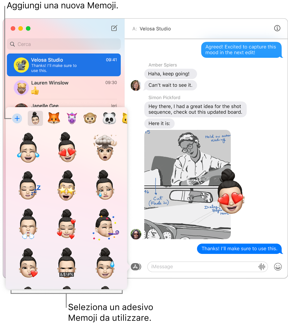 La finestra Messaggi con diverse conversazioni elencate sulla barra laterale a sinistra e una conversazione visualizzata a destra. Quando scegli gli adesivi Memoji dal pulsate App, puoi selezionare un adesivo Memoji da usare oppure puoi creare una nuova Memoji.