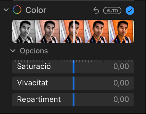 La zona Color del tauler Ajustar, amb els reguladors Saturació, Vivacitat i Repartiment.
