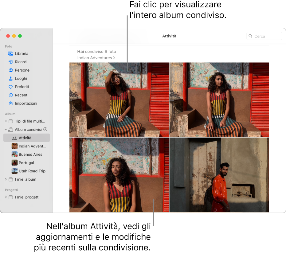 Finestra di Foto con Attività selezionato nella barra laterale e l'album Attività mostrato a destra.