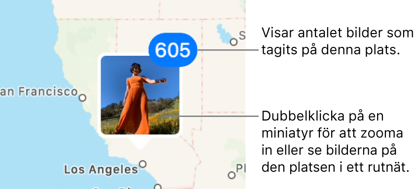En bildminiatyr på en karta med ett nummer i det övre högra hörnet som representerar antalet bilder som har tagits på den platsen.