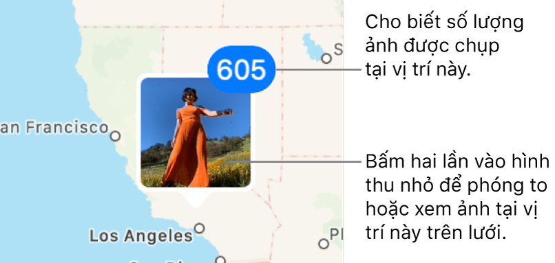 Hình thu nhỏ ảnh trên bản đồ, với số ở góc trên cùng bên phải cho biết số lượng ảnh được chụp tại vị trí đó.