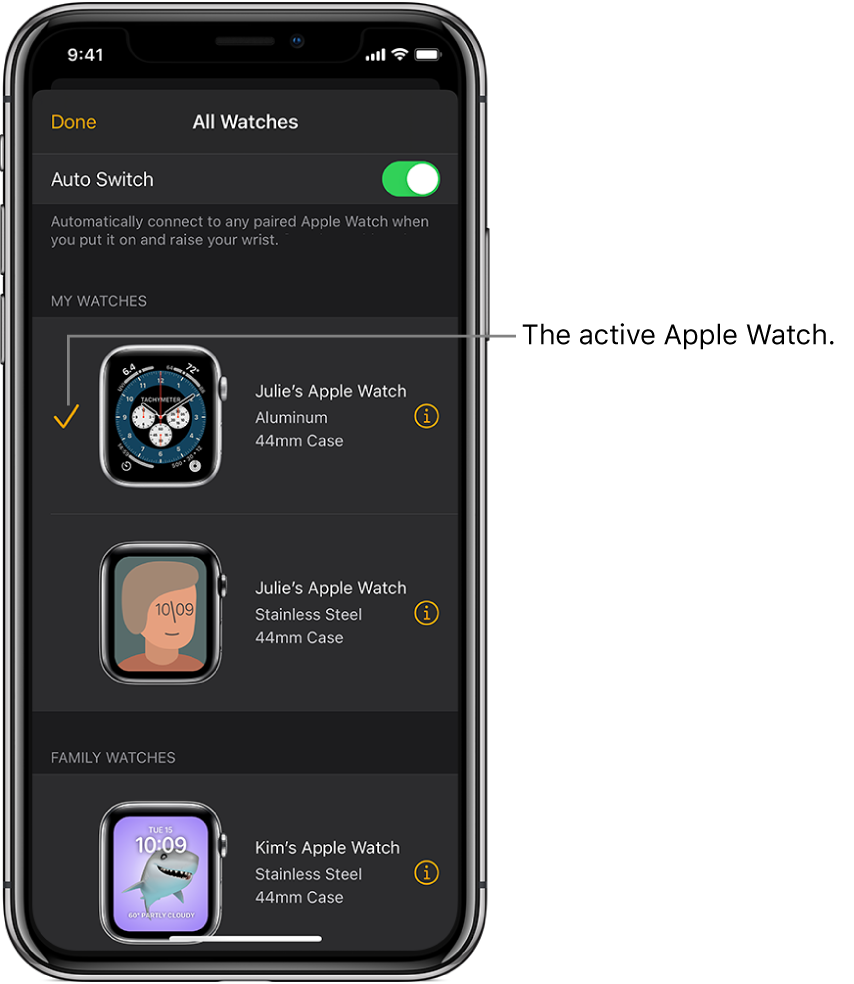 In the All Watches screen of the Apple Watch app, a checkmark shows the active Apple Watch.