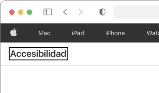 El cursor de VoiceOver, un contorno rectangular obscuro, enfocado en la palabra "Accesibilidad" en la pantalla.