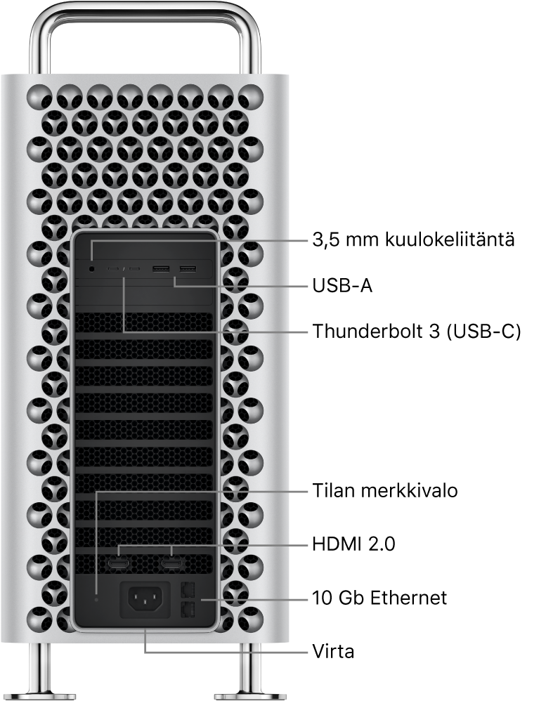 Mac Pro sivusta, jossa näkyy 3,5 mm kuulokeliitäntä, kaksi USB-A-porttia, kaksi Thunderbolt 3 (USB-C) -porttia, tilan merkkivalo, kaksi HDMI 2.0 -porttia, kaksi 10 Gigabit Ethernet -porttia ja virtaliitäntä.