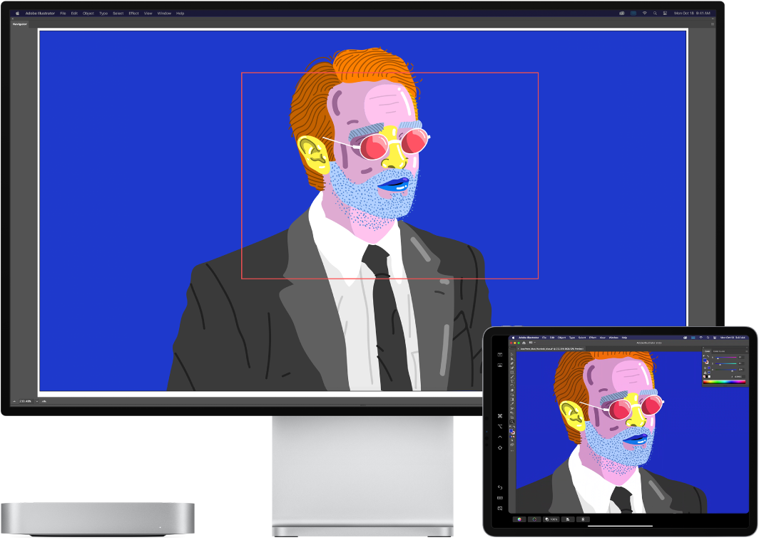A Mac Mini and an iPad sit side by side. The Mac Mini shows art within the navigator window of Illustrator. The iPad shows the same art in the document window of Illustrator, surrounded by toolbars.
